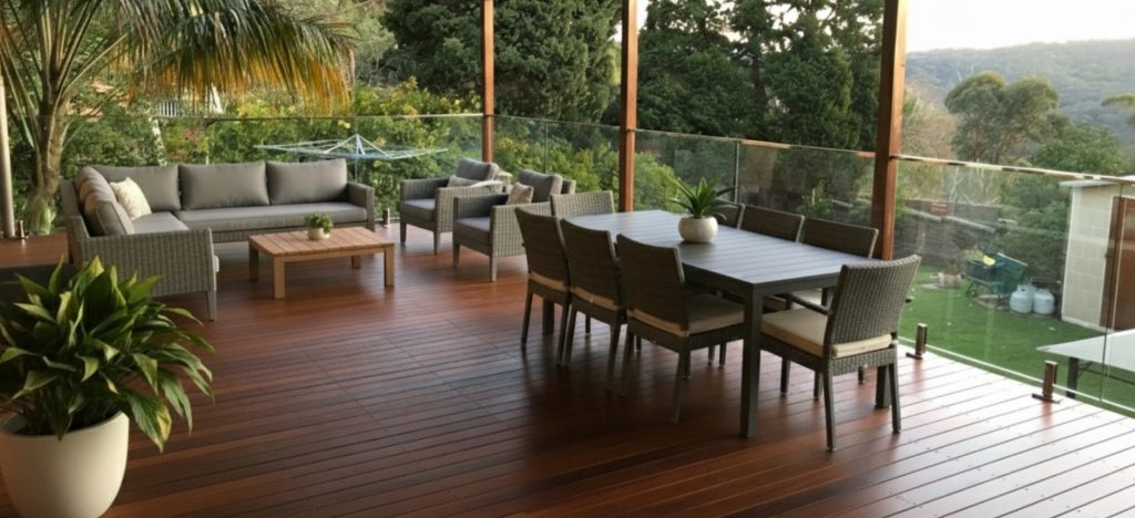 Hardwood back deck with outdoor dining and glass balustrade in Engadine