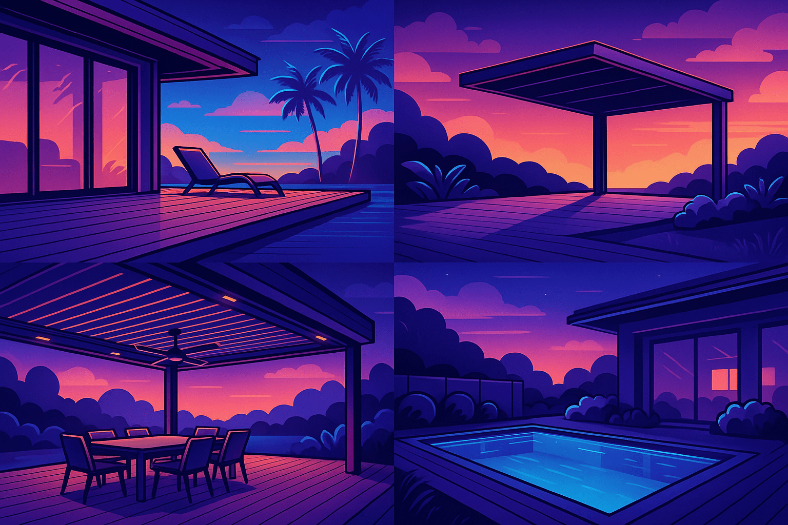 Futuristic cartoon of a modern Sydney backyard with composite decking, Luxe Cantilever pergola, pool, and outdoor entertaining area, inspired by 2026 decking trends.