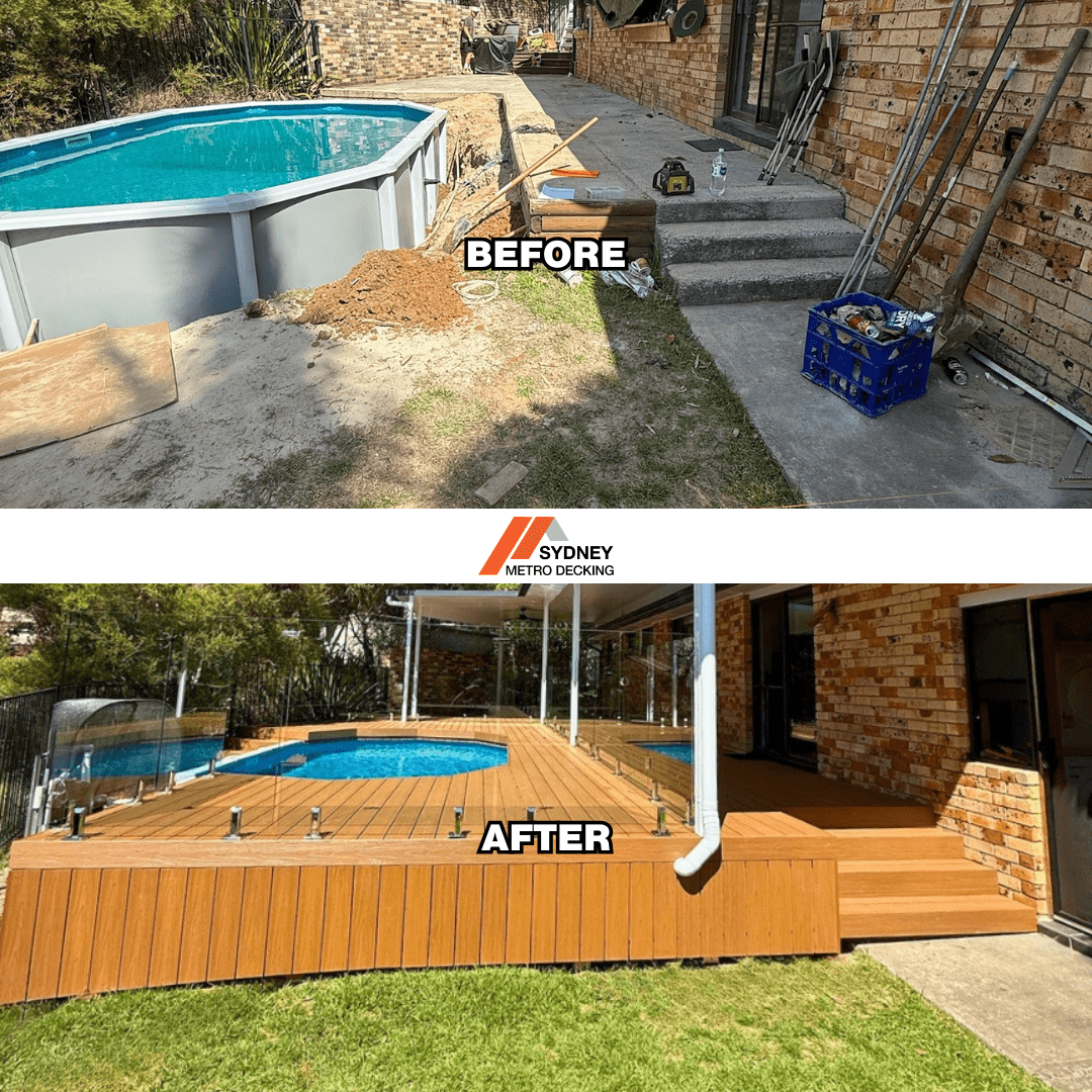 Before And After Pool Deck, Insulated Pergola And Glass Balustrade Sydney Metro Decking